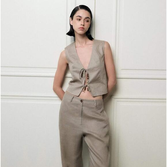 ZARA Sleeveless Linen Vest NWT | Beige Beaded Tie-Front Top Size L - Picture 12 of 16